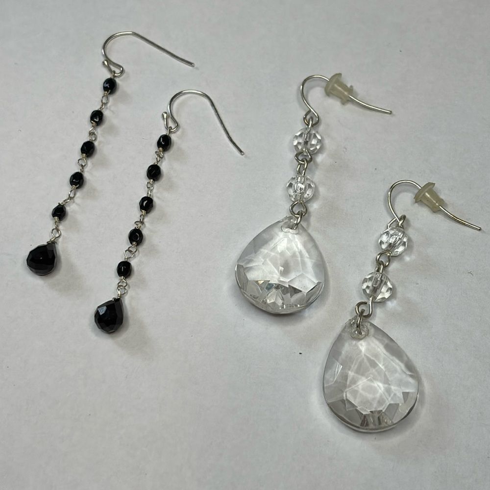 Bundle of two long beaded fashion dangle earrings clear and black beads